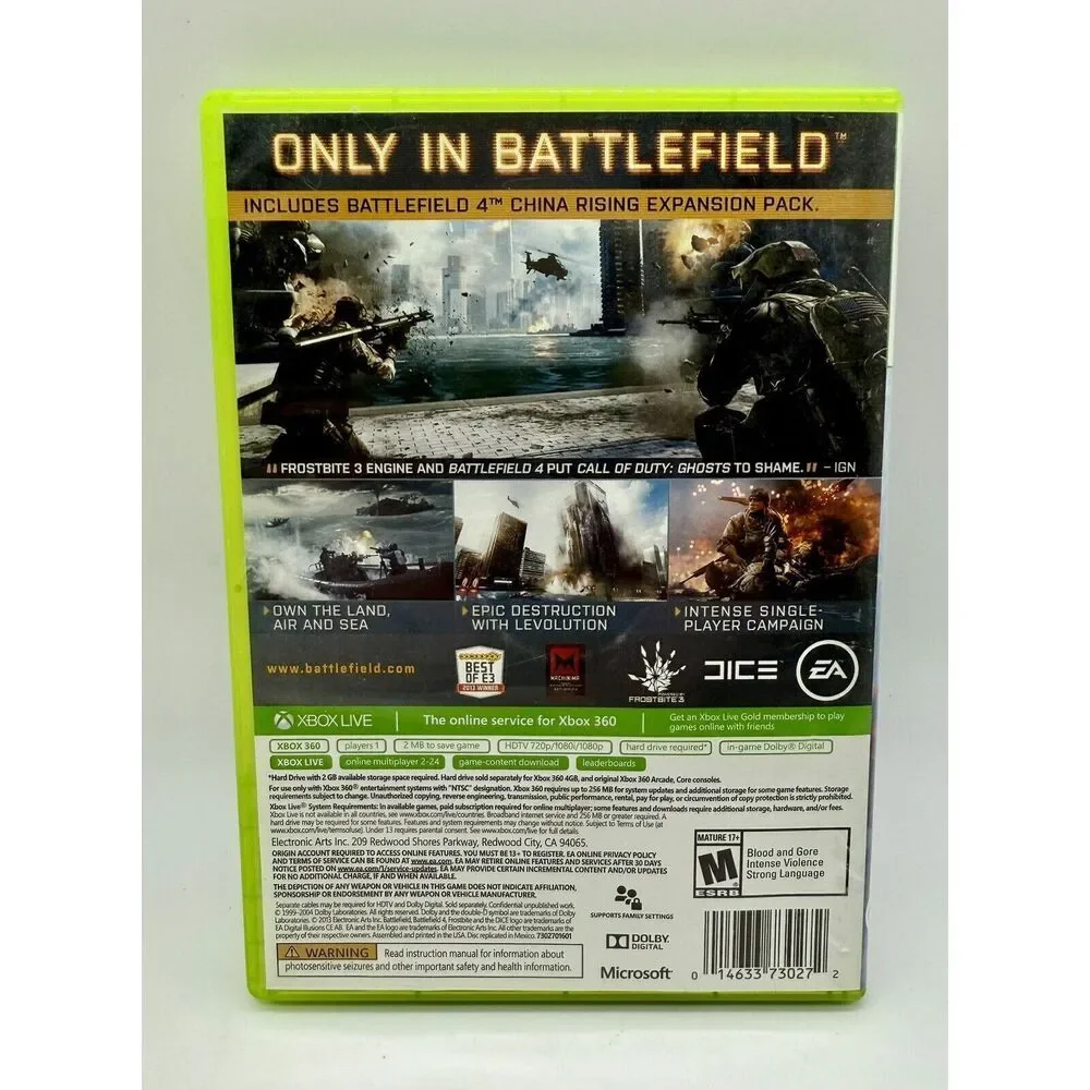 Battlefield 4 Microsoft 2013 Xbox 360 Two Disk‎ Set Game Case Tested